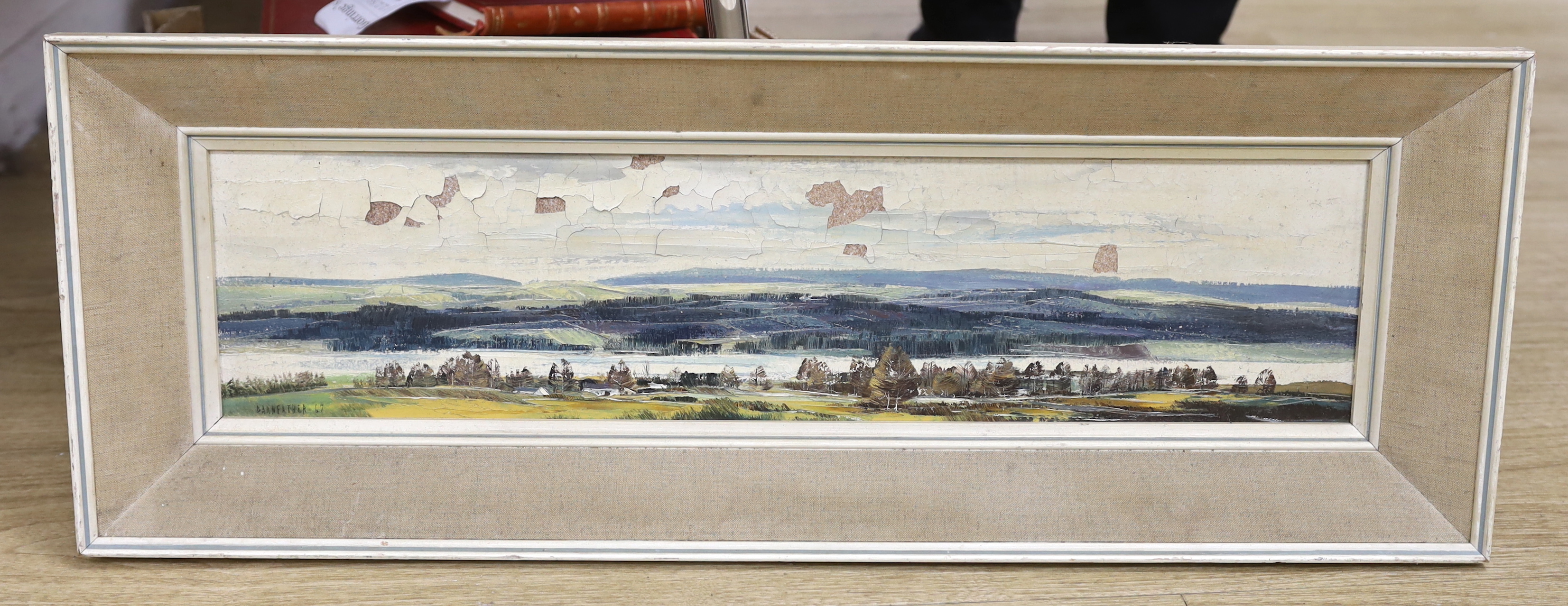 Michael Barnfather (1934-), oil on board, View over the Severn, signed and dated '67, 14 x 60cm, paint flaking
